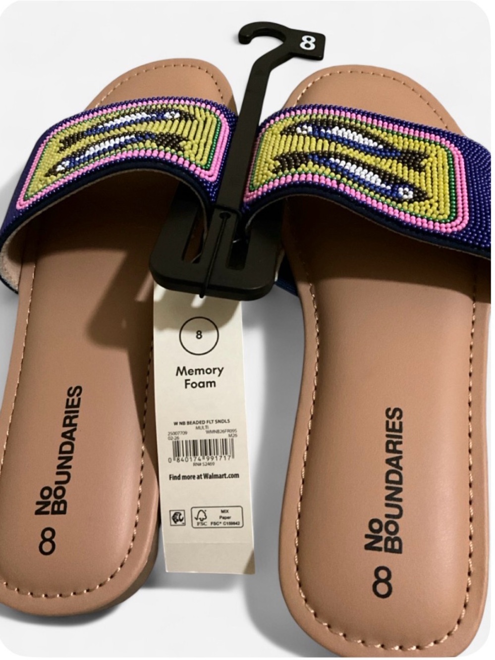 No Boundaries Women's Navy Slide Sandals with Multicolor Bead Embellishment
